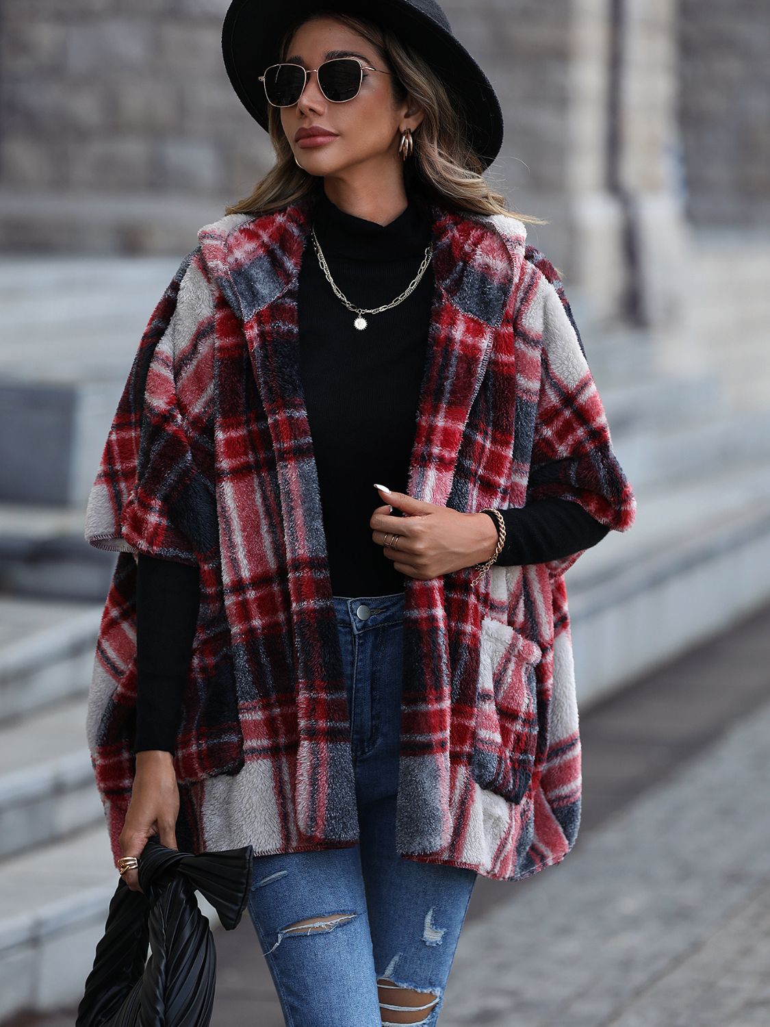 Plaid Hooded Coat with Pockets Black