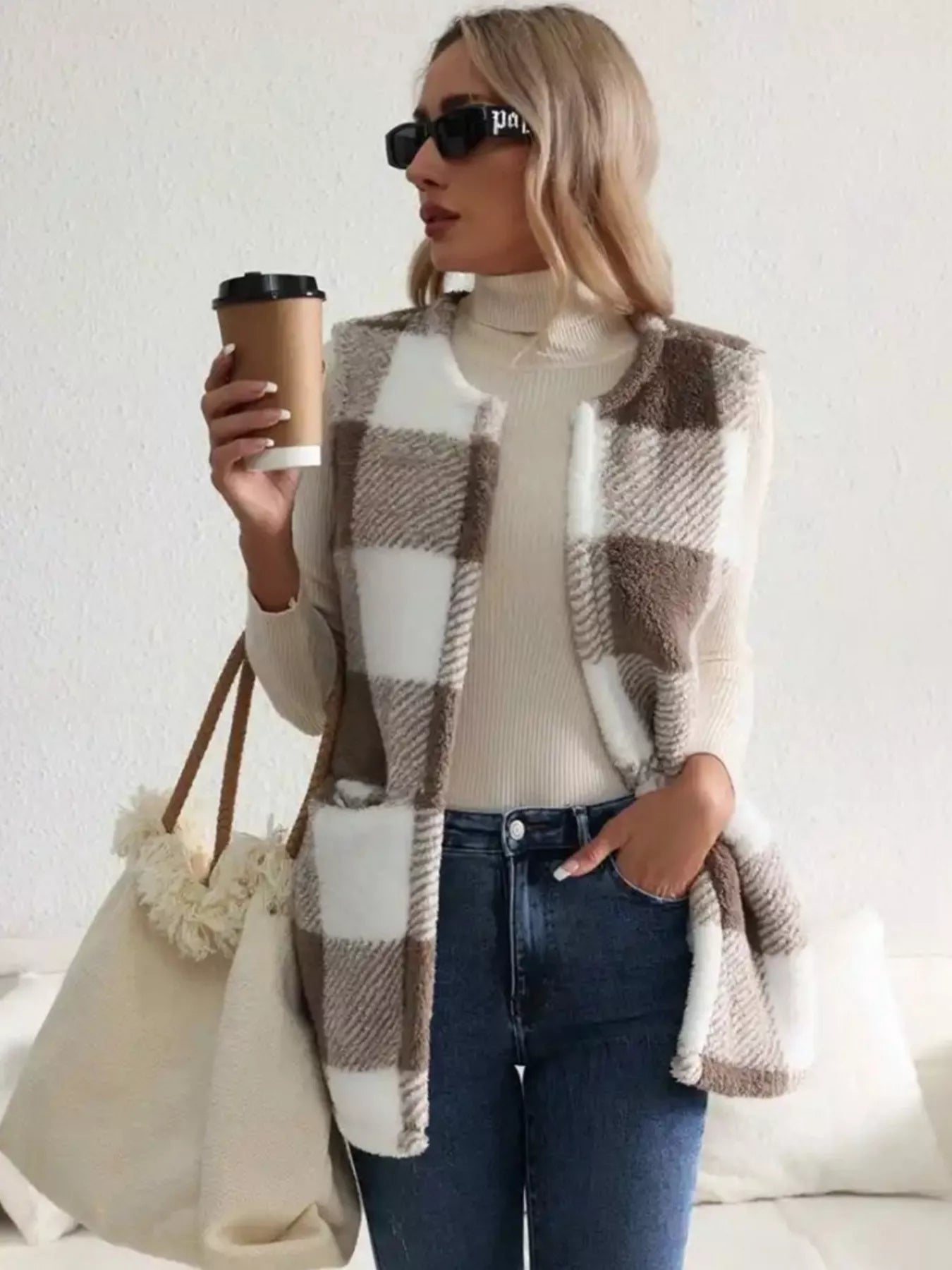 Cozy Plaid Sherpa Vest Coat