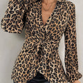 Leopard Print Tie Front Long Sleeve Blouse