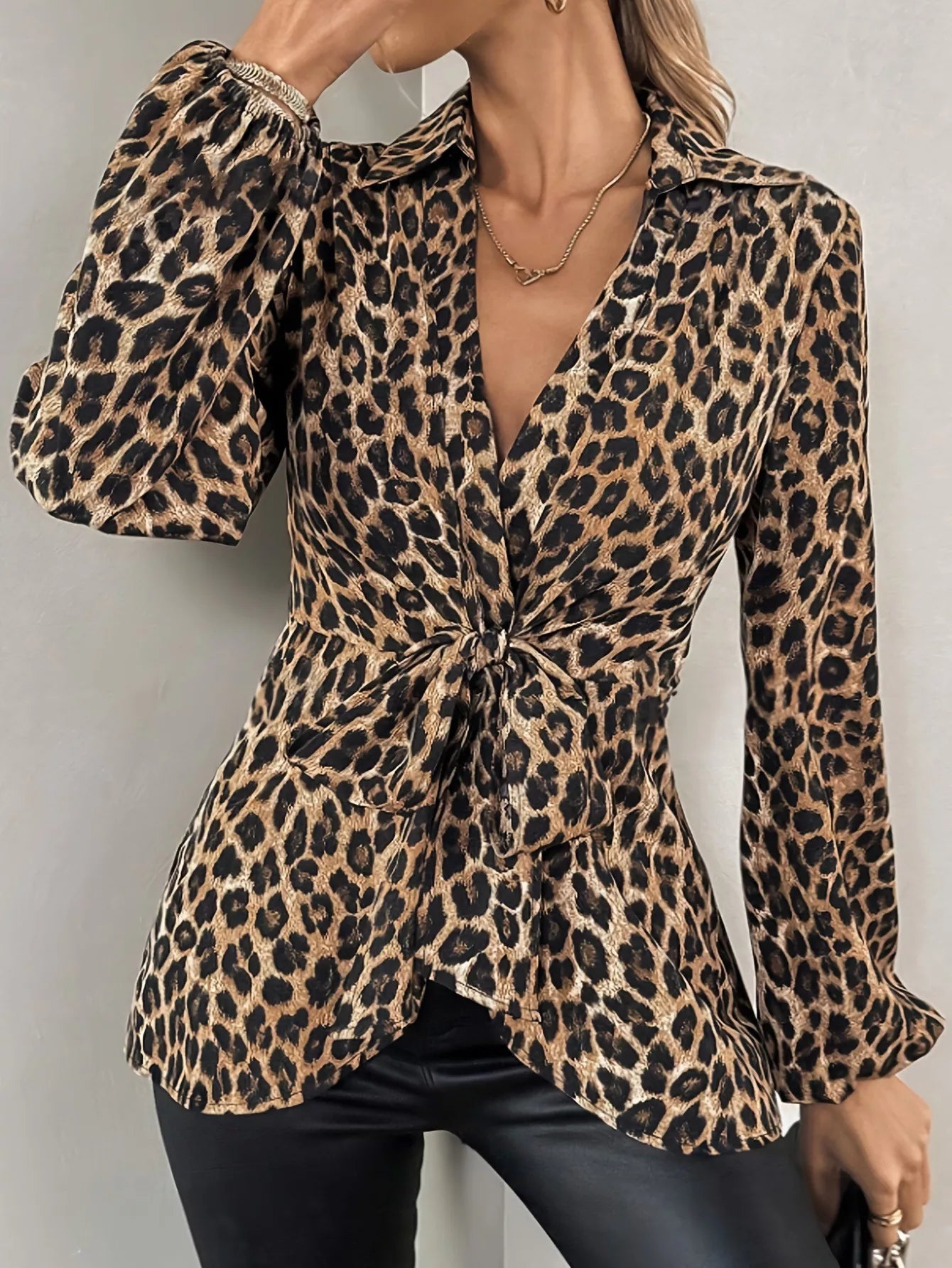 Leopard Print Tie Front Long Sleeve Blouse