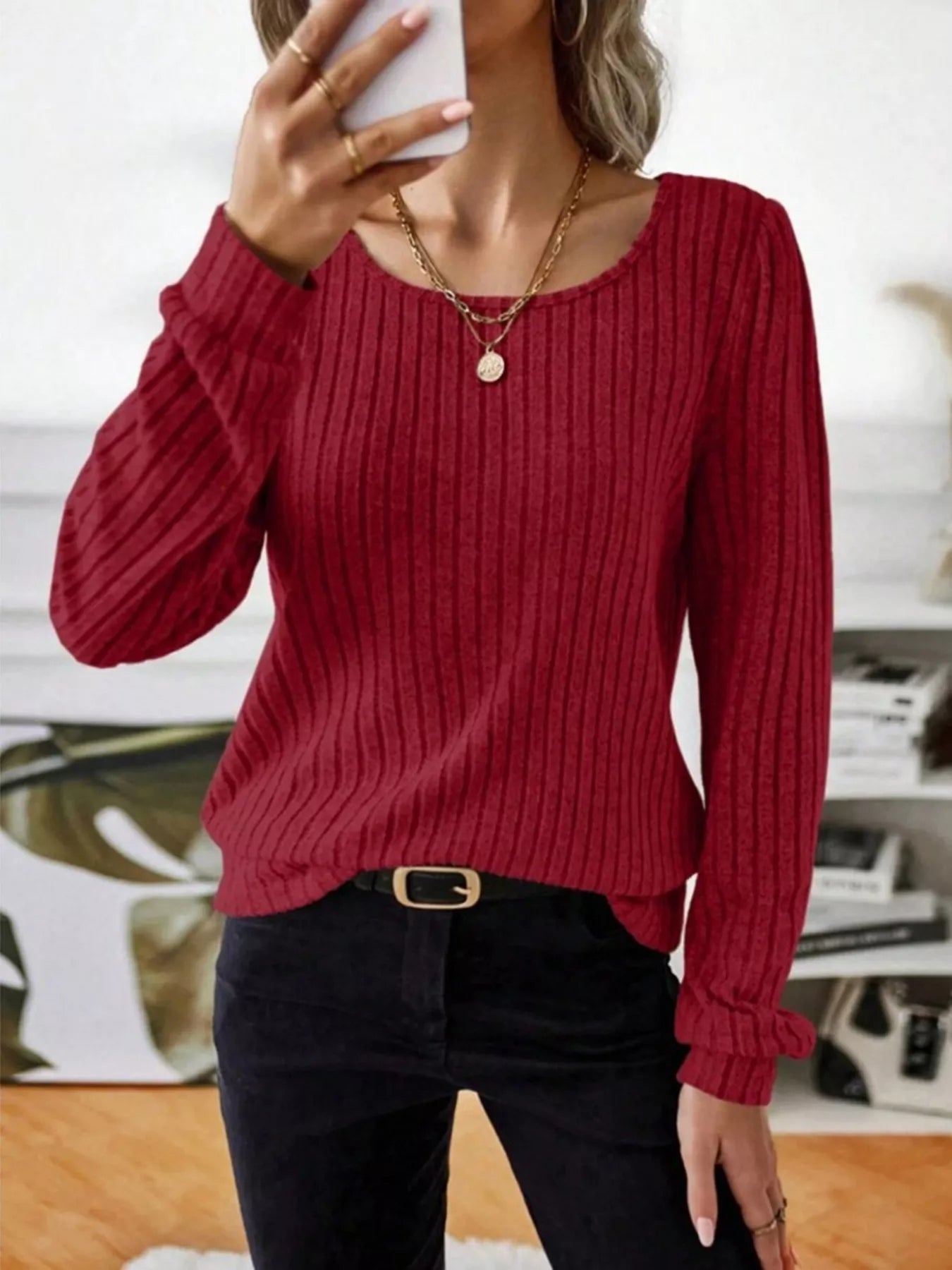 Ribbed Knit Long Sleeve T-Shirt