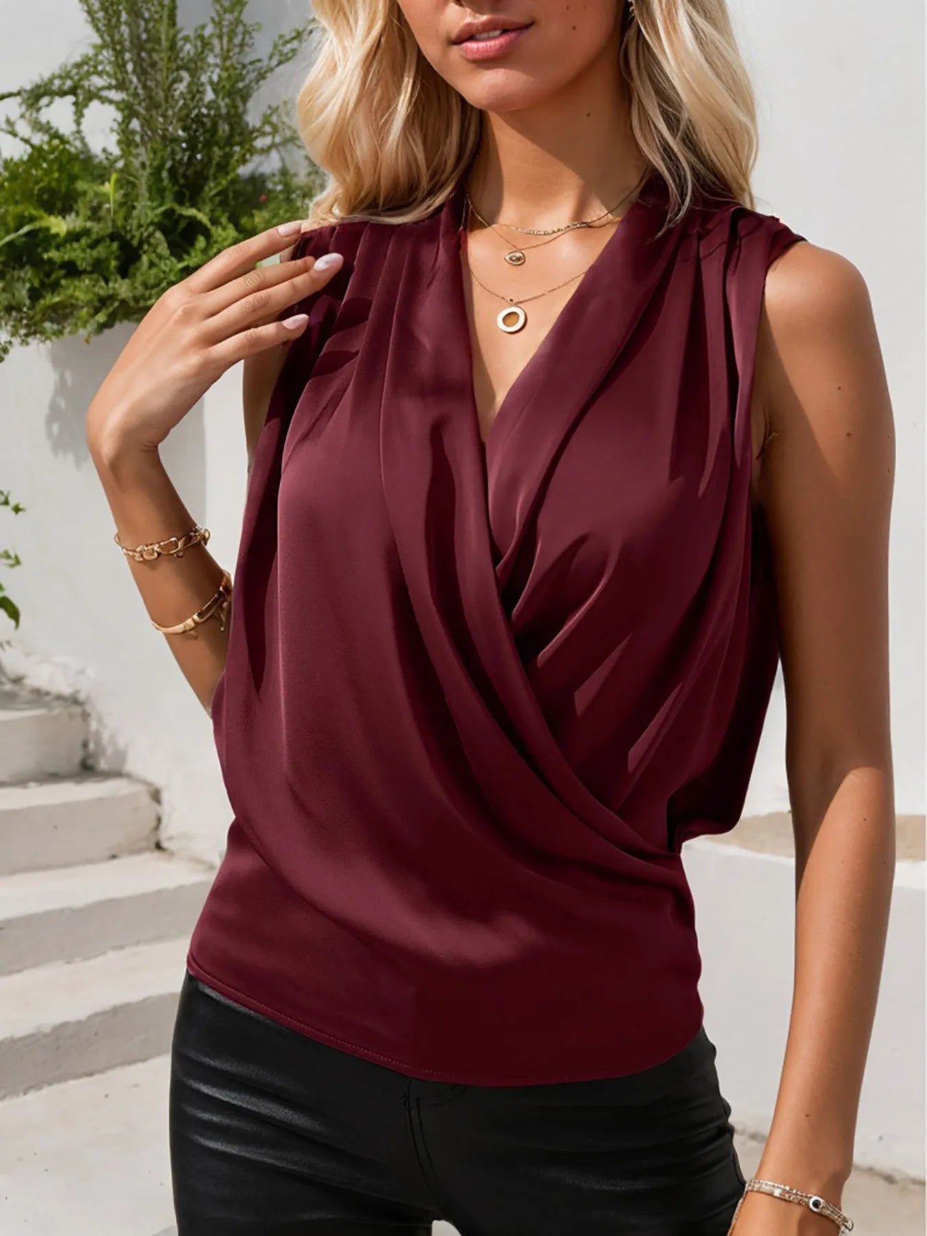 Ruched Surplice Sleeveless Top