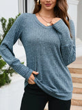 V-Neck Textured Knit Long Sleeve T-Shirt Blue