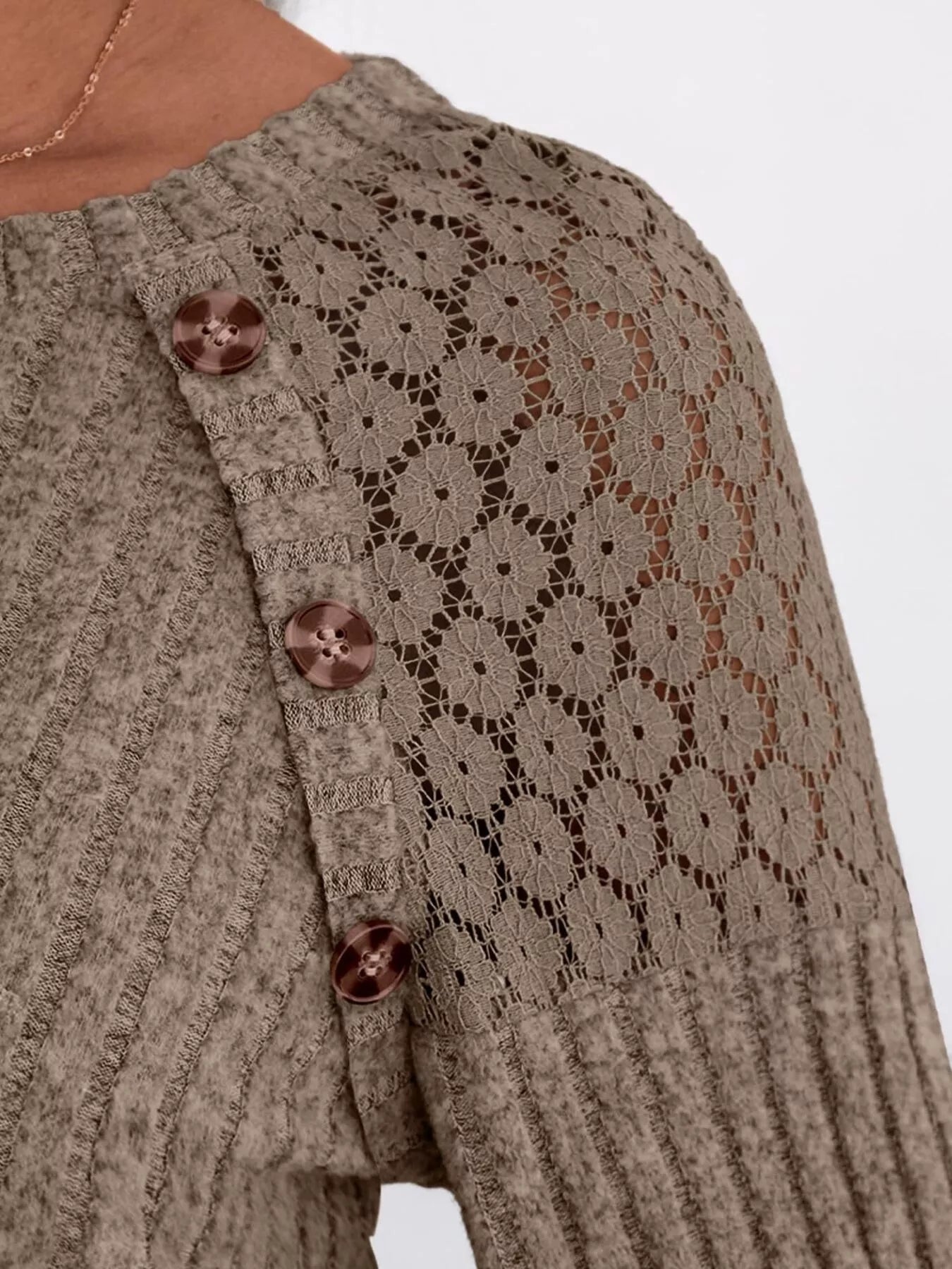 Ribbed Knit T-Shirt with Lace Shoulder Detail