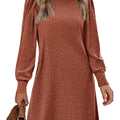 Ribbed Knit Puff Sleeve Casual Mini Dress Brick Red
