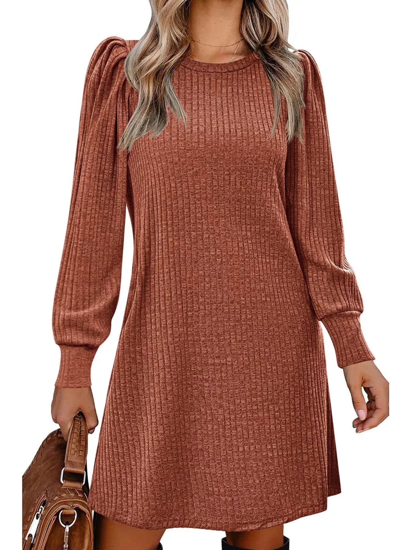 Ribbed Knit Puff Sleeve Casual Mini Dress Brick Red