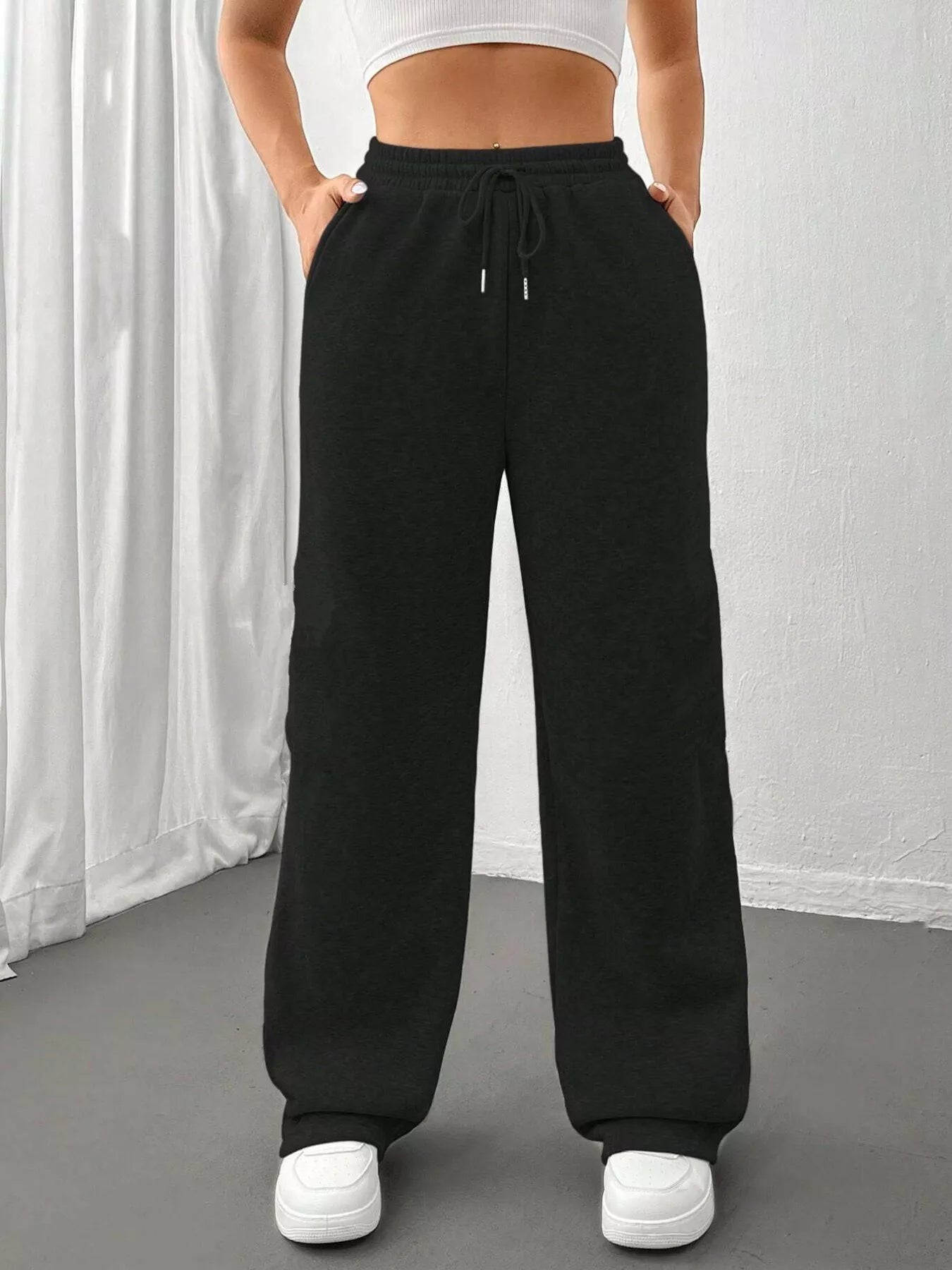 Relaxed Fit Drawstring Waist Solid Pants Black