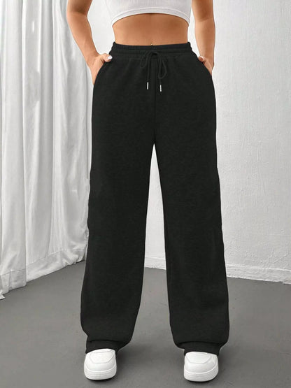 Relaxed Fit Drawstring Waist Solid Pants Black
