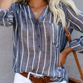 Striped Print V Neck Half Buttons Loose Blouse