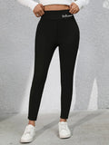 Full Size Letter Embroidered High Waist Leggings Black
