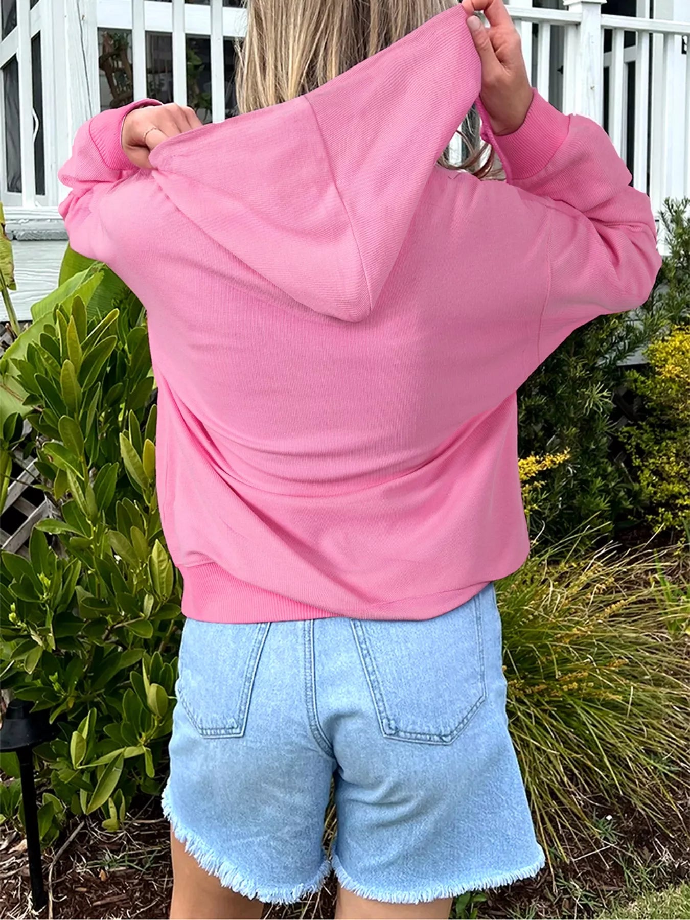 Solid Color Ribbed Zip Up Drawstring Hooded Jacket