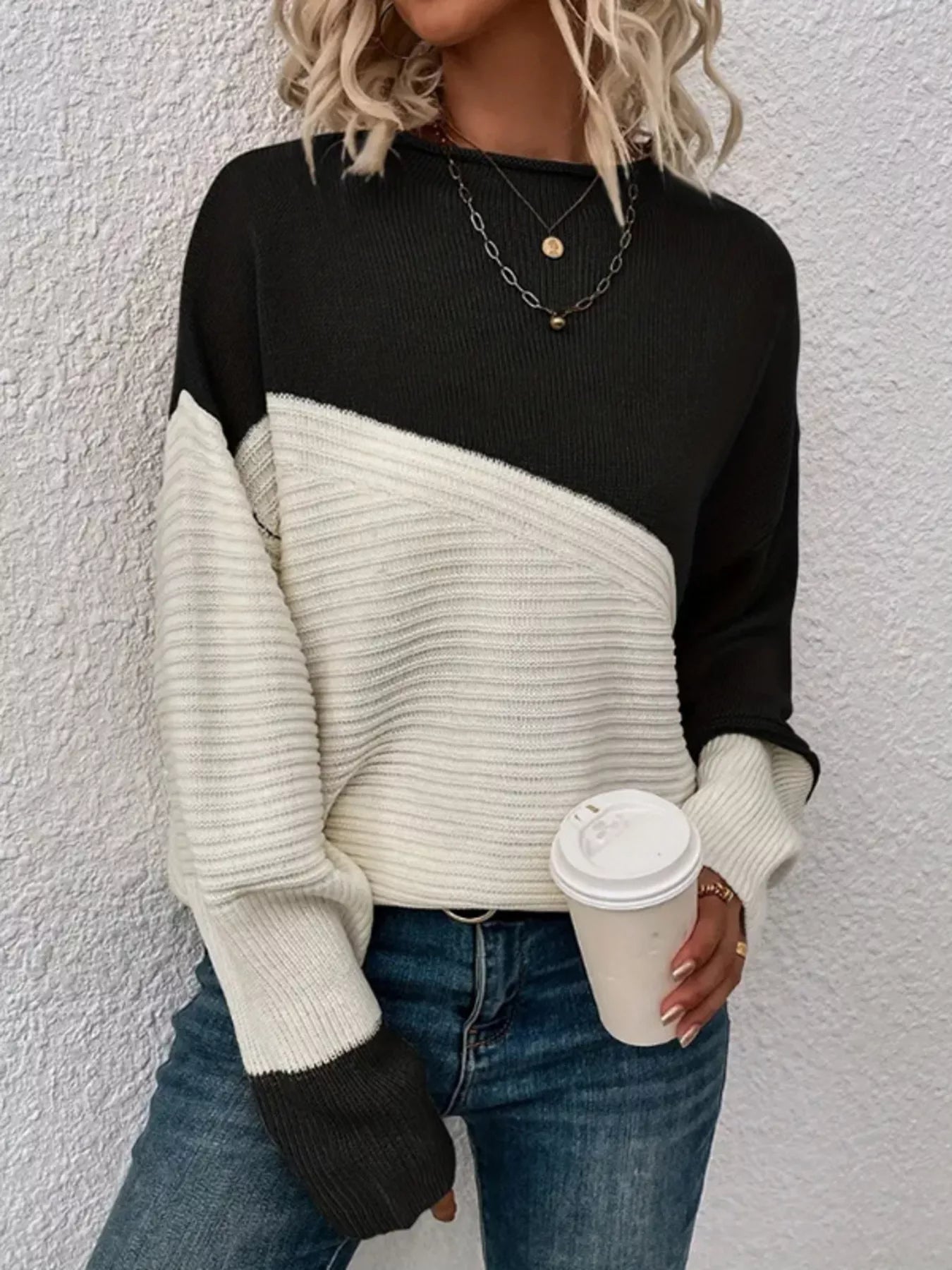 Color Block Ribbed Knit Sweater