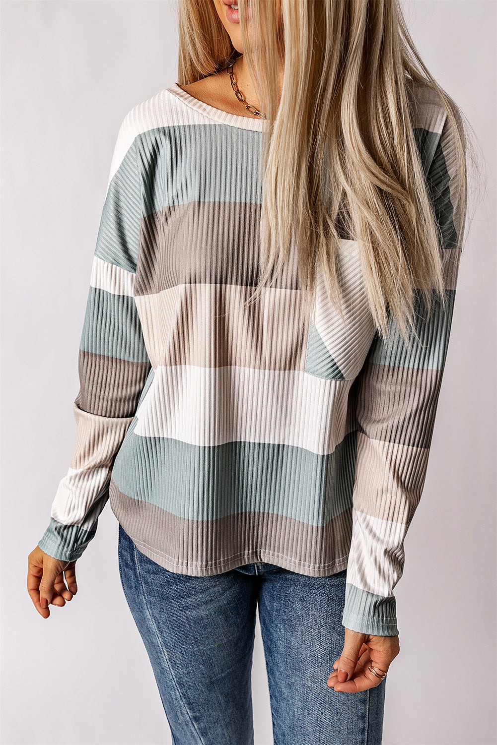 Wide Stripe Top with Pocket Khaki