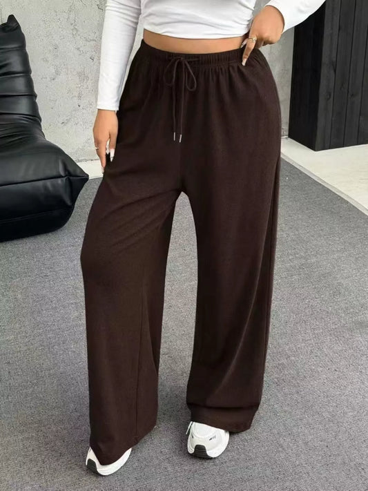 Full Size Drawstring Wide Leg Pants Plus Size Brown