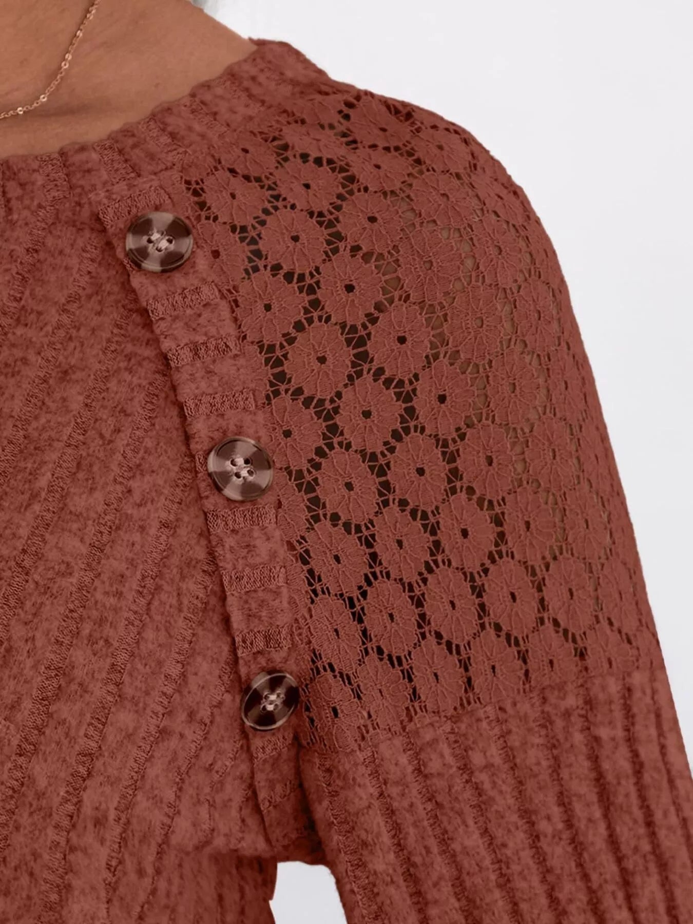 Ribbed Knit T-Shirt with Lace Shoulder Detail