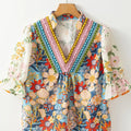 Multicolour Crochet V Neck Half Sleeve Boho Floral Blouse