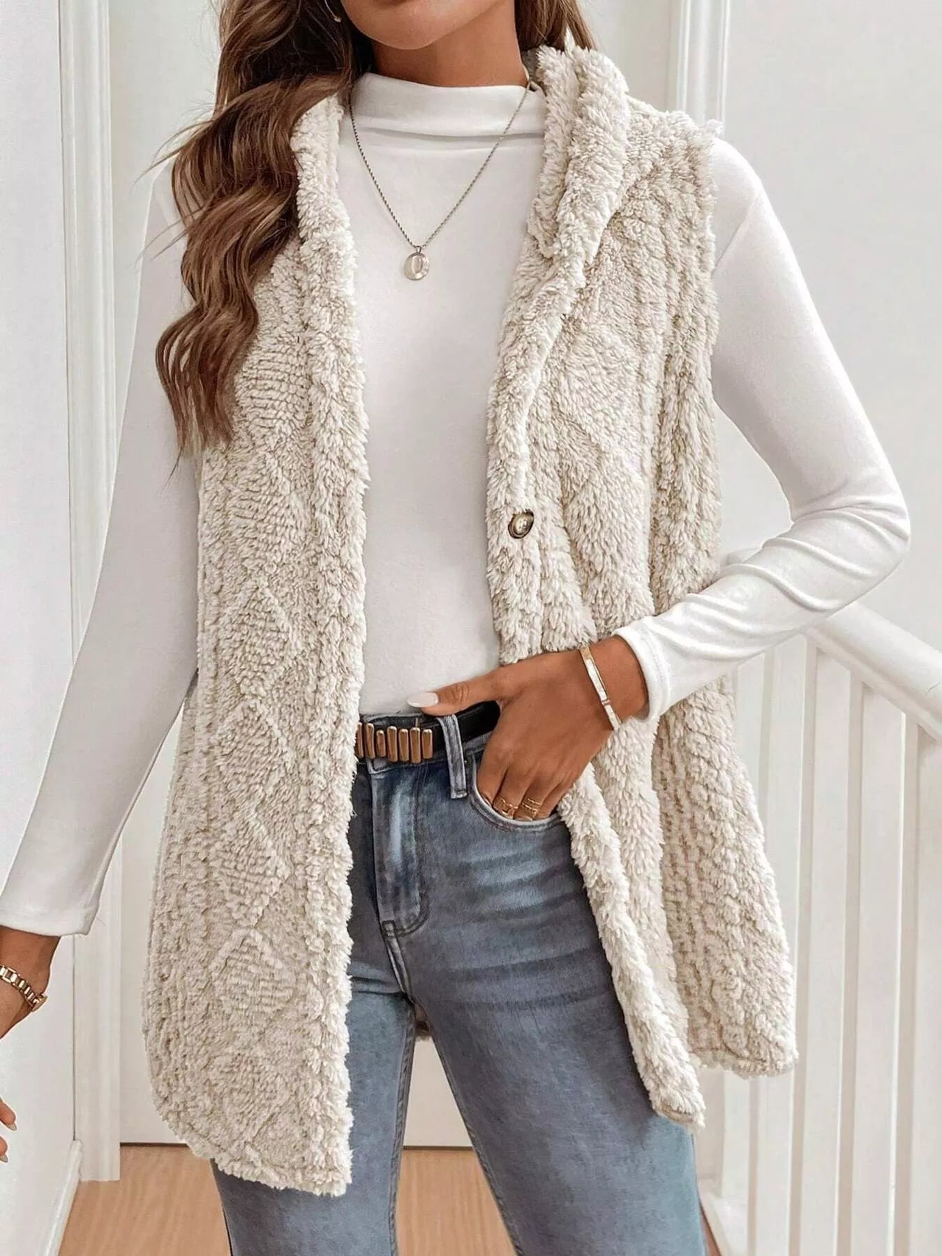 Cozy Sherpa Fleece Hooded Vest Coat Apricot