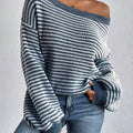 Striped Boat Neck Long Sleeve Sweater Blue