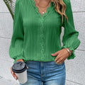 V-Neck Lace Detail Flounce Sleeve Blouse Mid Green