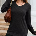 V-Neck Textured Knit Long Sleeve T-Shirt