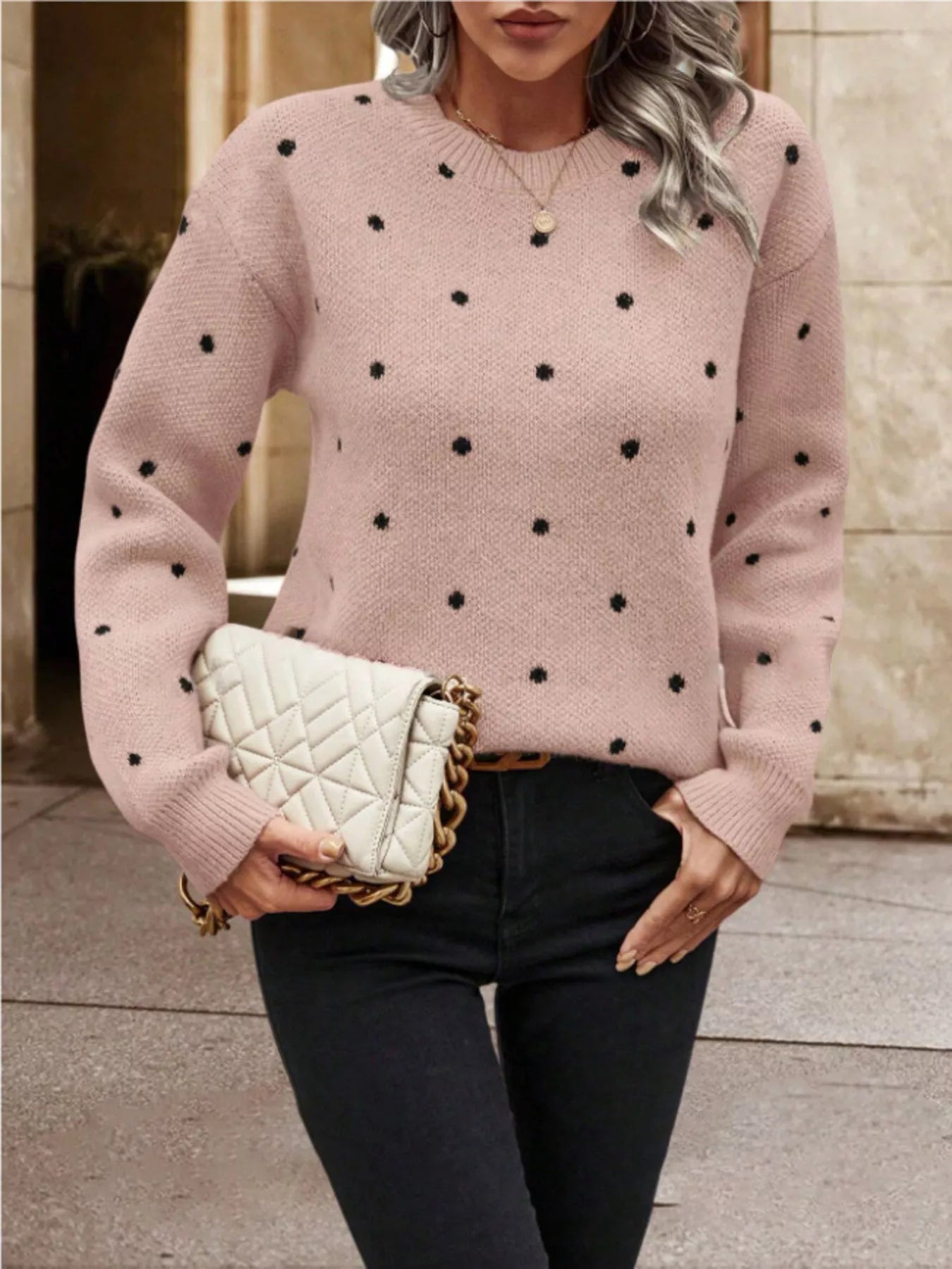 Polka Dot Long Sleeve Sweater Pink