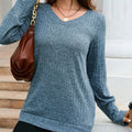 V-Neck Textured Knit Long Sleeve T-Shirt