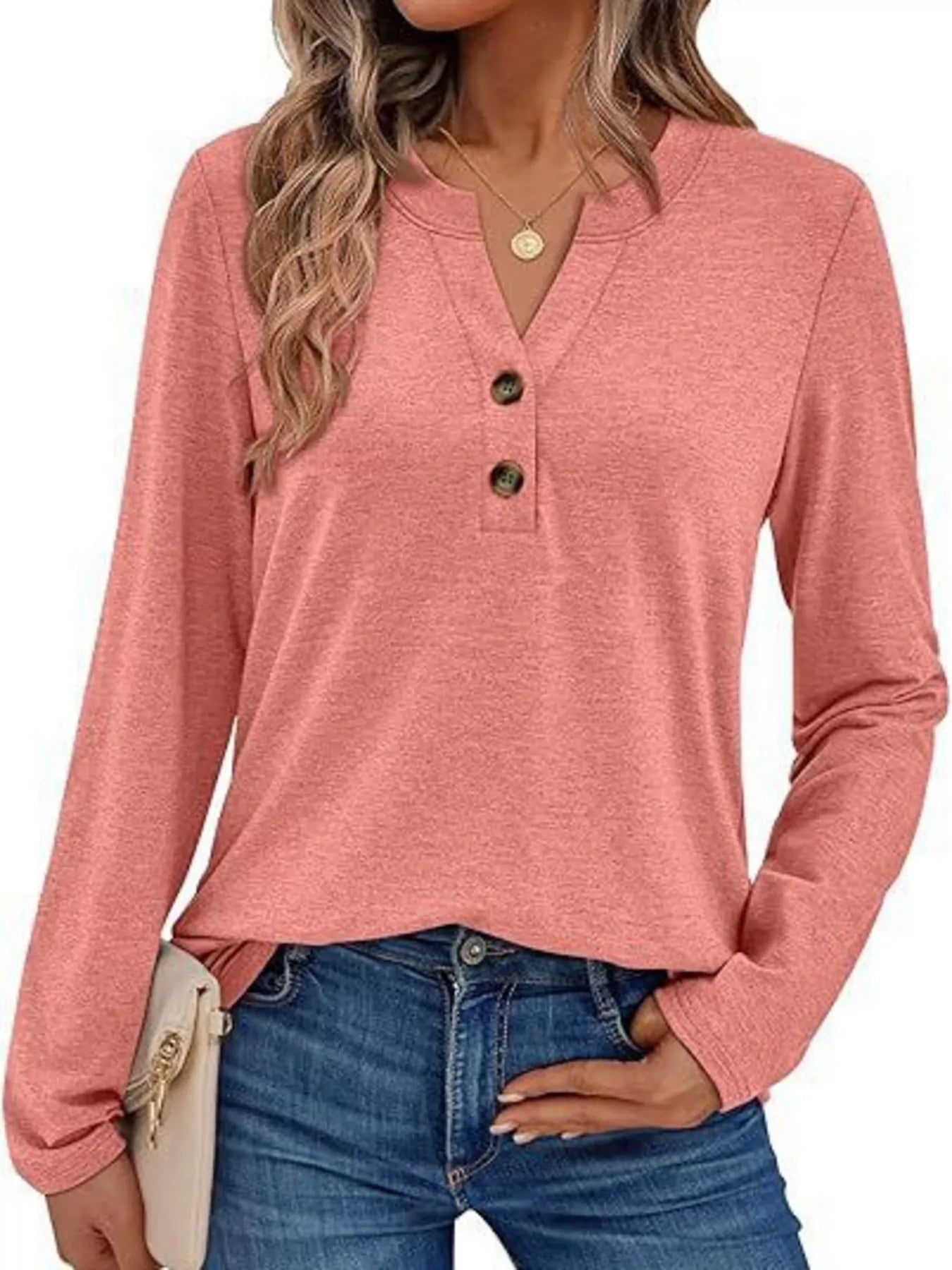 Casual Long Sleeve Button Detail T-Shirt Coral