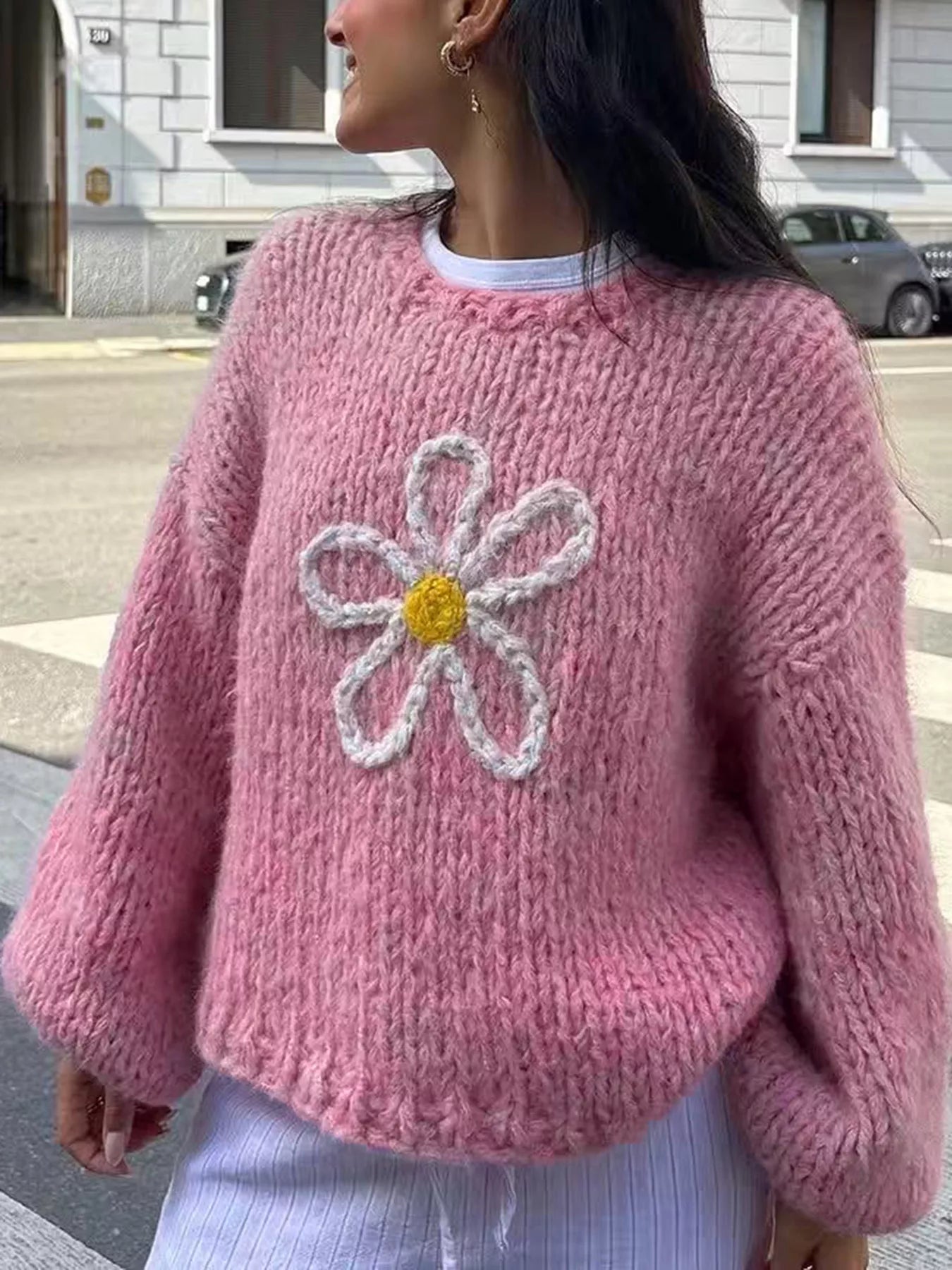 Flower Round Neck Dropped Shoulder Sweater
