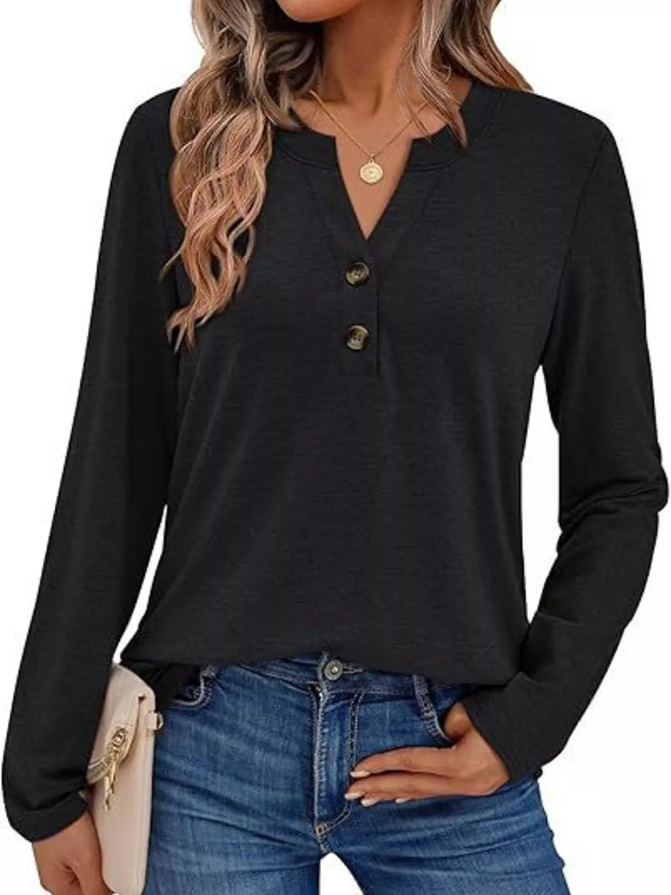 Casual Long Sleeve Button Detail T-Shirt Black