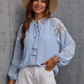 Crochet Tassel Tie Neck Long Sleeve Blouse Misty Blue