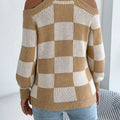 Cold Shoulder Checkered Long Sleeve Sweater