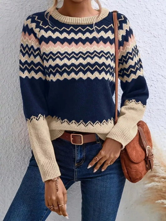 Geometric Pattern Knitted Sweater Dark Blue