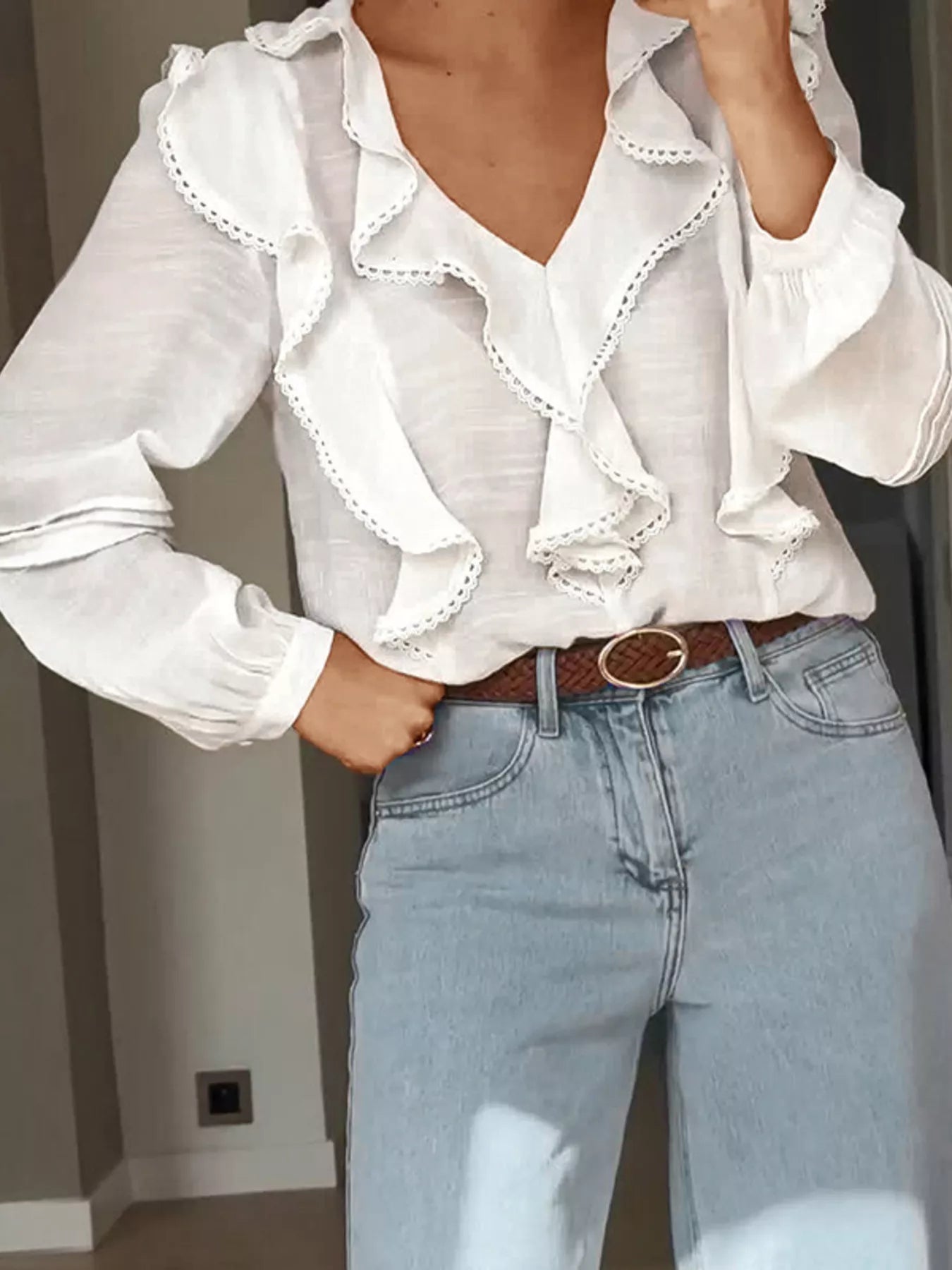 Ruffle Trim V-Neck Blouse