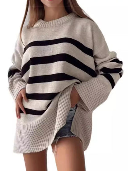 Side Slit Striped Oversized Knit Sweater Apricot