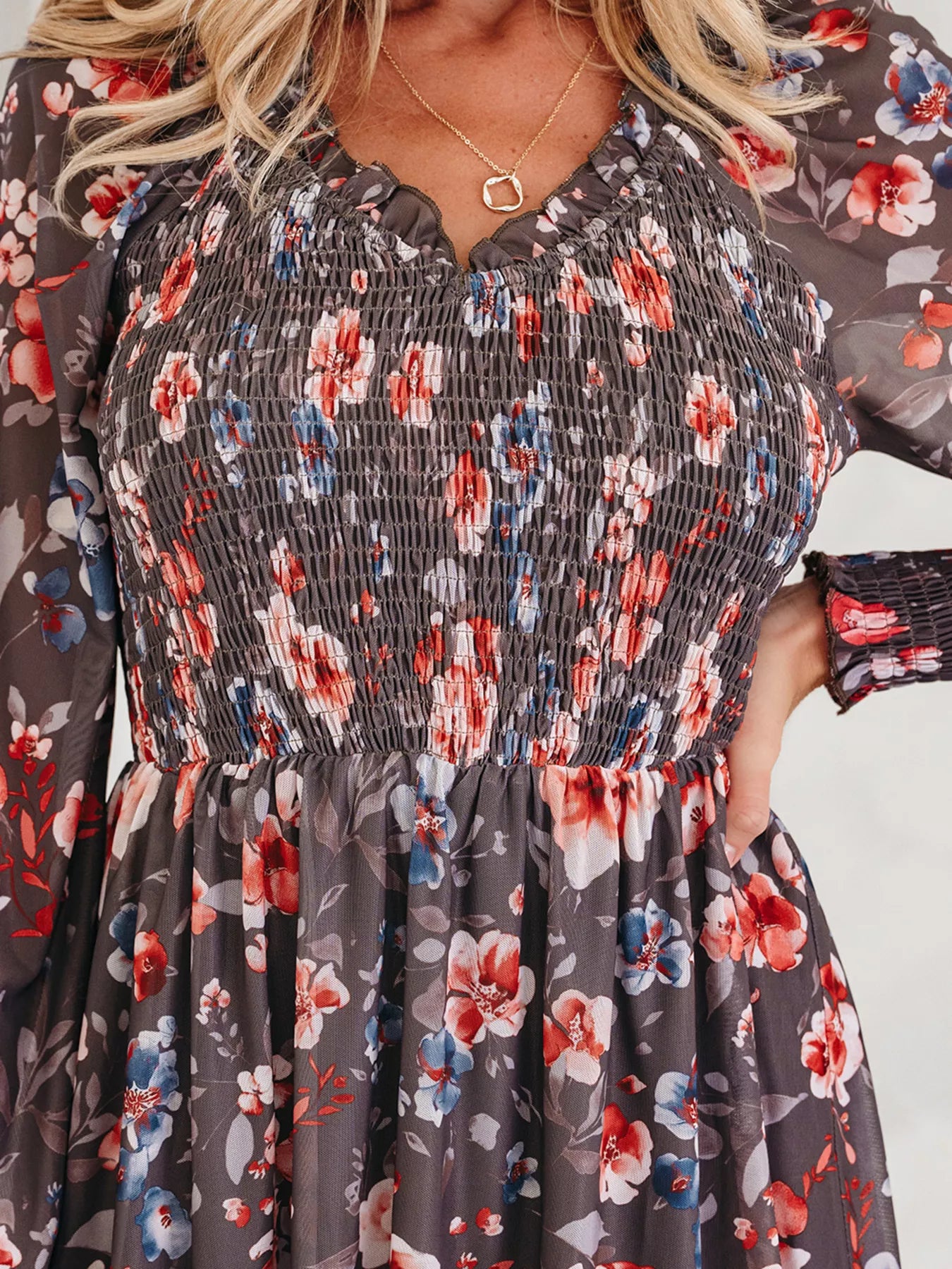 Frilly Smocked Bodice Floral Mesh Long Sleeve Mini Dress