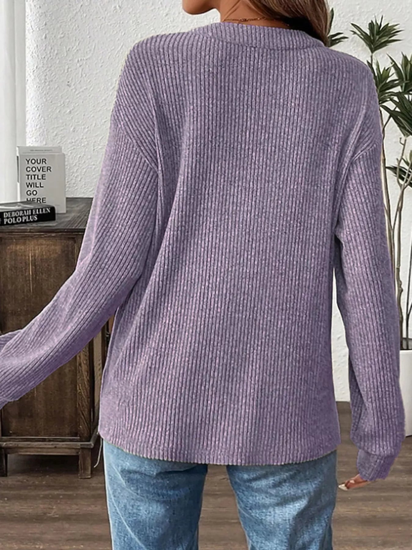 Ribbed Button Detail Long Sleeve T-Shirt