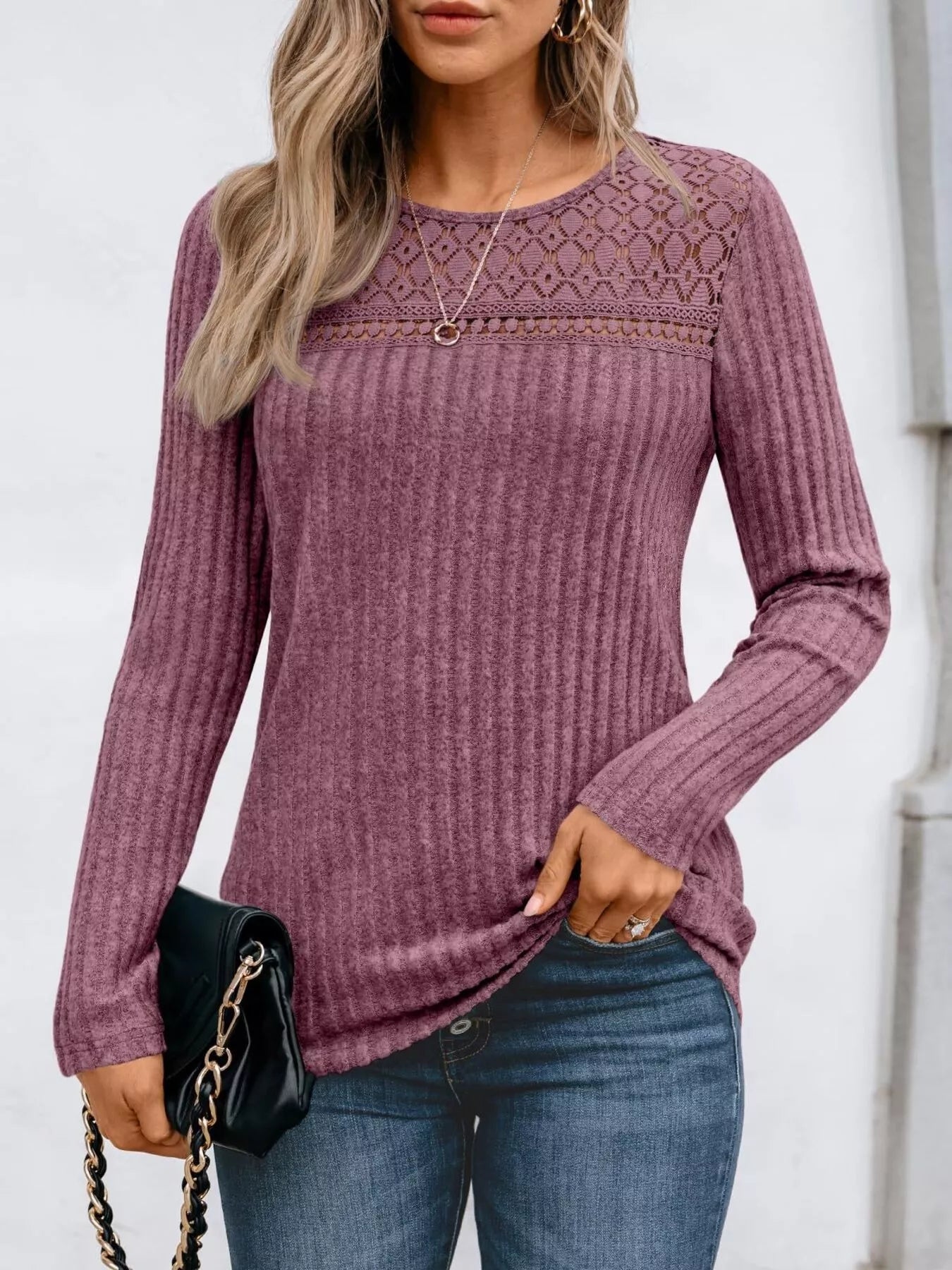 Ribbed Long Sleeve T-Shirt Purple