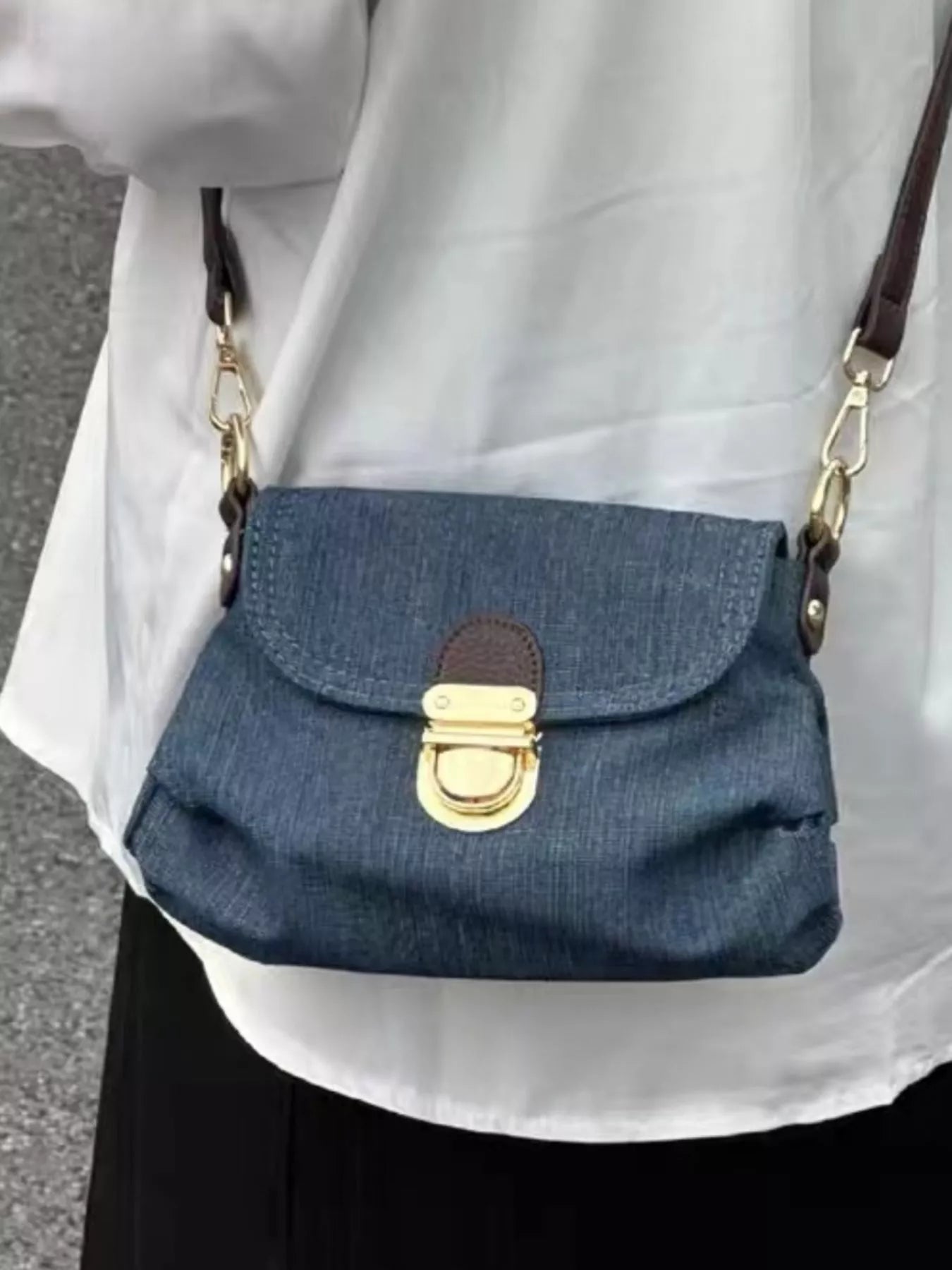 Denim Flap Shoulder Bag with Golden Clasp