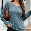 V-Neck Textured Knit Long Sleeve T-Shirt