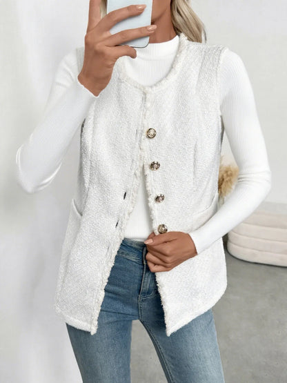Textured Button-Front Vest with Raw Edge White