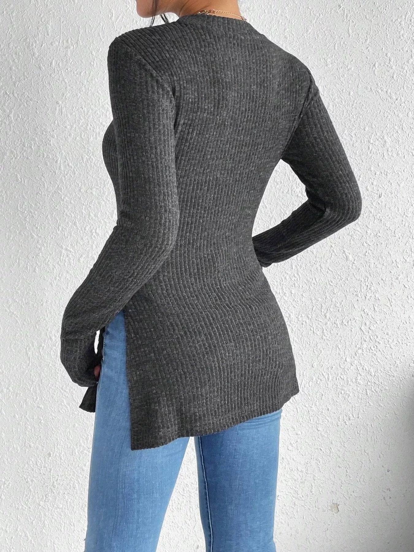 Slit Round Neck Long Sleeve T-Shirt