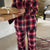 Plaid Collared Neck Button Up Top and Pants Lounge Set Burgundy