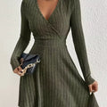 Ribbed Knit Wrap Mini Dress Army Green