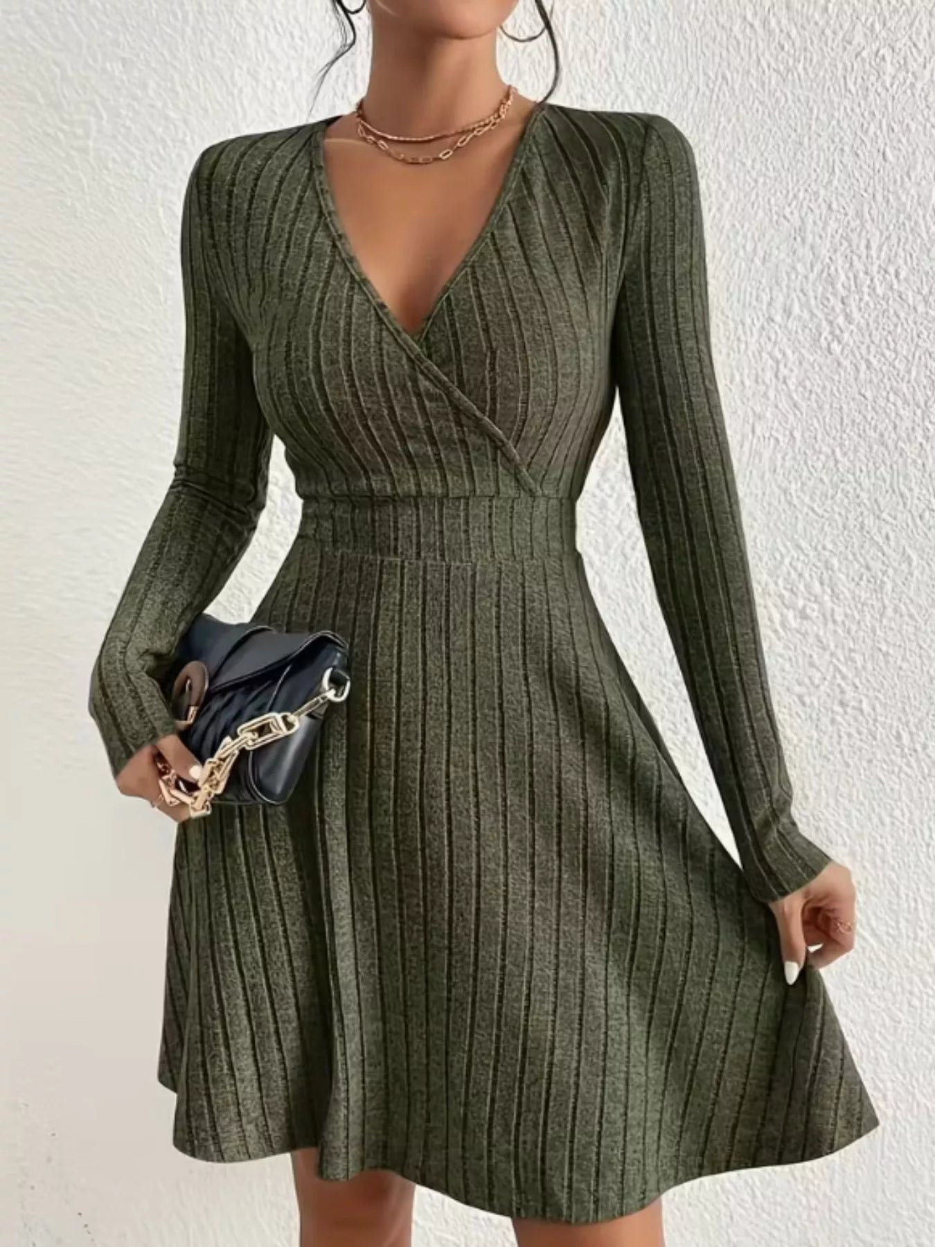 Ribbed Knit Wrap Mini Dress Army Green