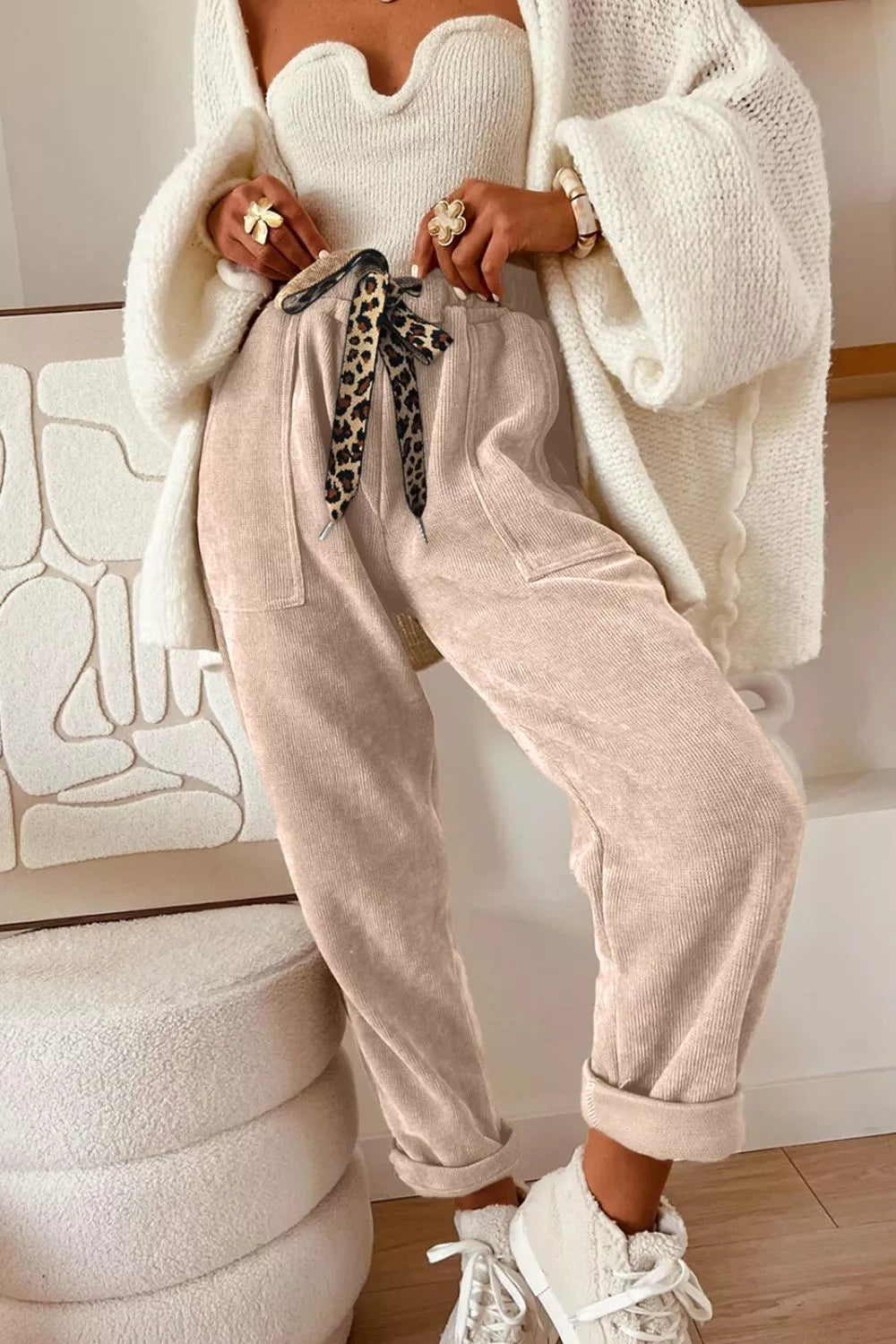 Leopard Drawstring Loose Fit Pants