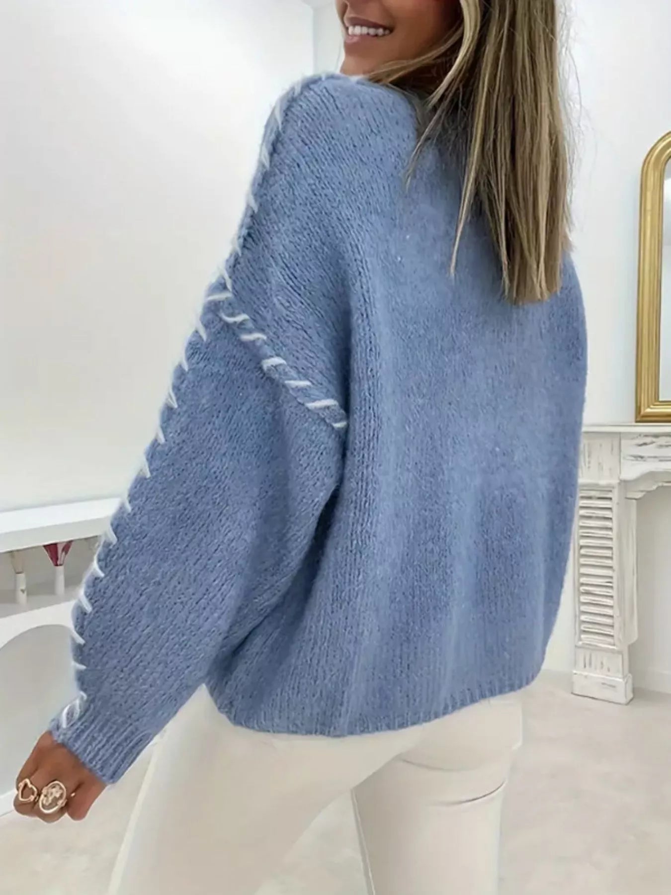Contrast Stitching Dropped Shoulder Sweater
