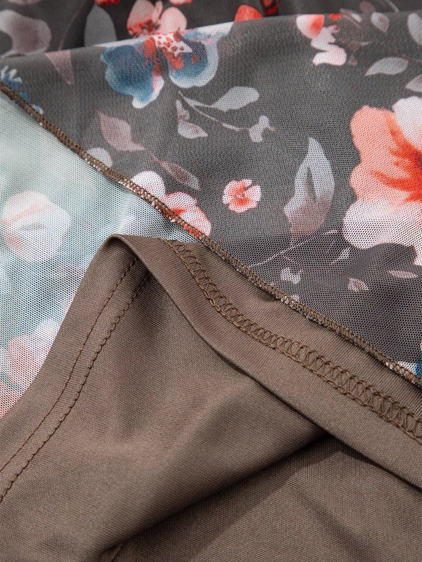 Frilly Smocked Bodice Floral Mesh Long Sleeve Mini Dress