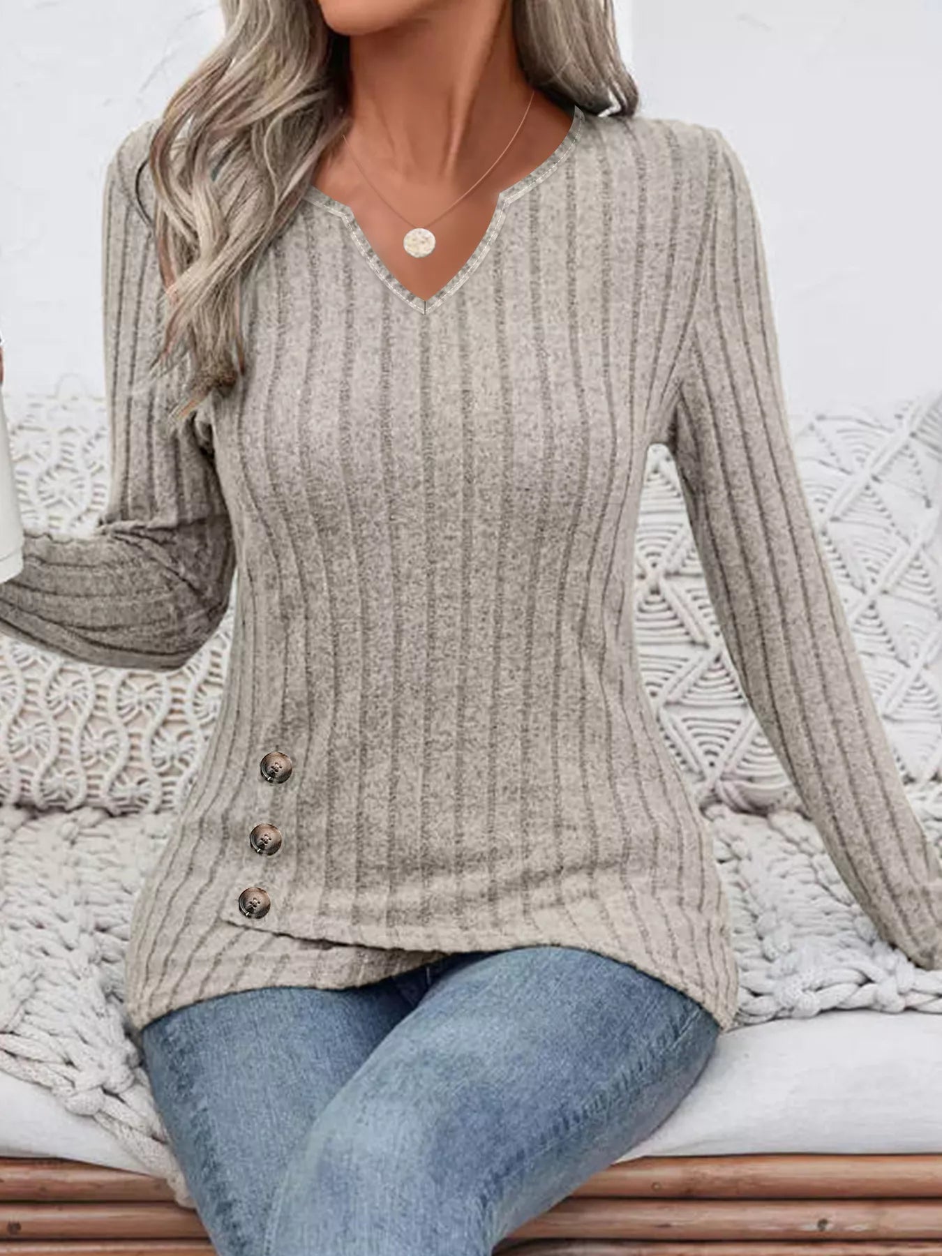 Ribbed Knit Notched Long Sleeve Top