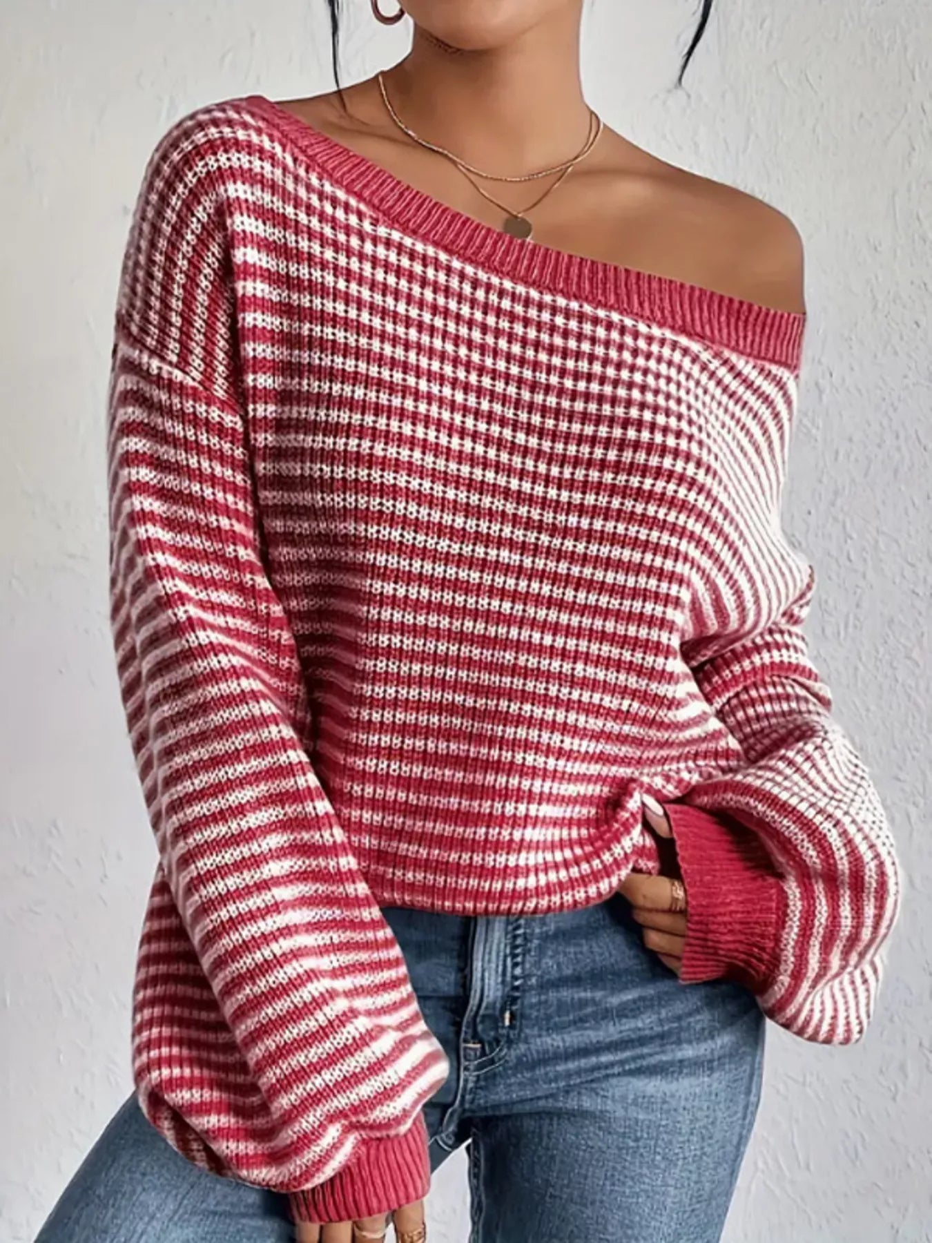 Striped Boat Neck Long Sleeve Sweater