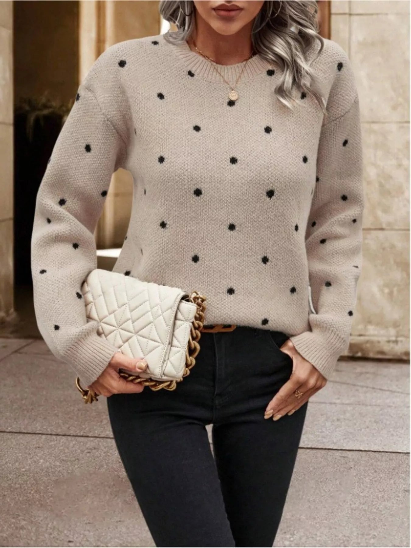 Polka Dot Round Neck Sweater Khaki